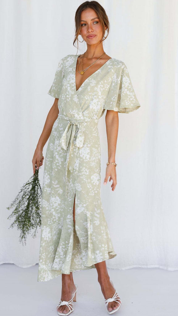 Mint Green Floral Waist Tie Midi Dress