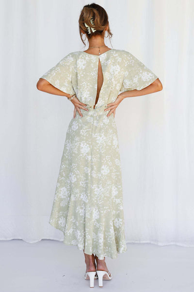 Mint Green Floral Waist Tie Midi Dress