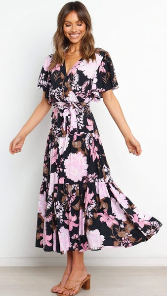 Black Floral Waist Tie Midi Dress
