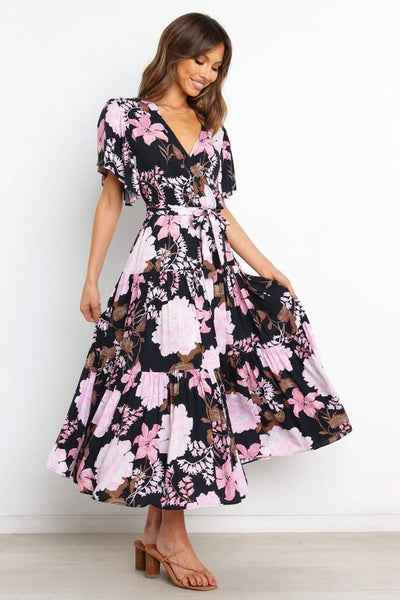 Black Floral Waist Tie Midi Dress