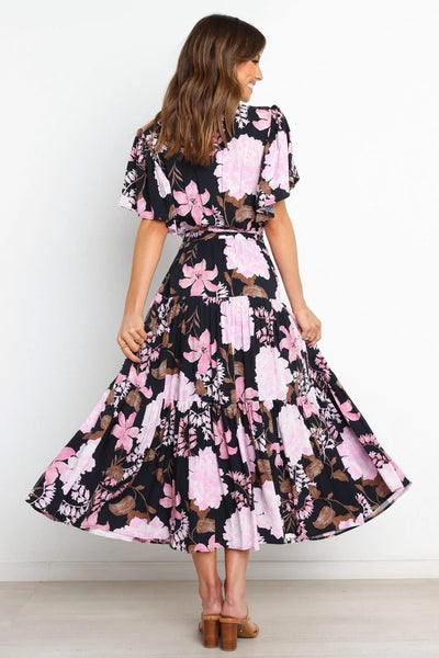 Black Floral Waist Tie Midi Dress