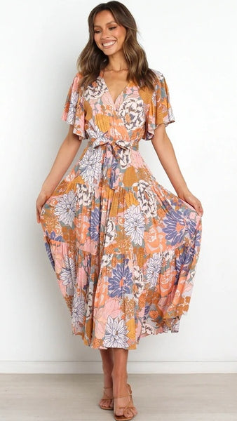 Khaki Floral Waist Tie Midi Dress