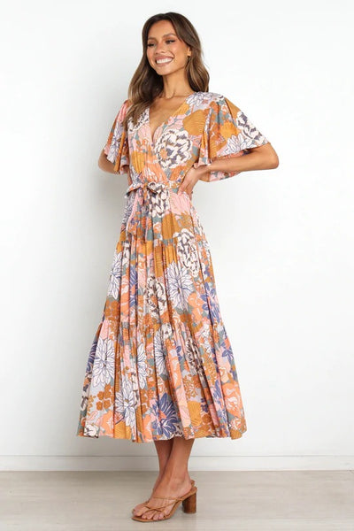 Khaki Floral Waist Tie Midi Dress
