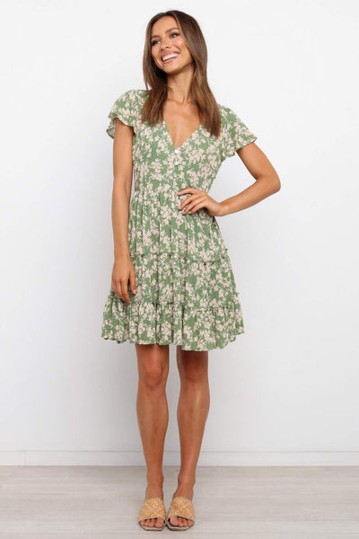 Green Floral Buttoned Dress