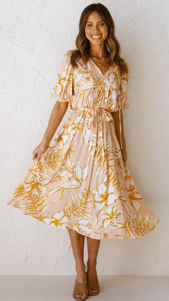 Coral Floral Withdraw Midi Dress