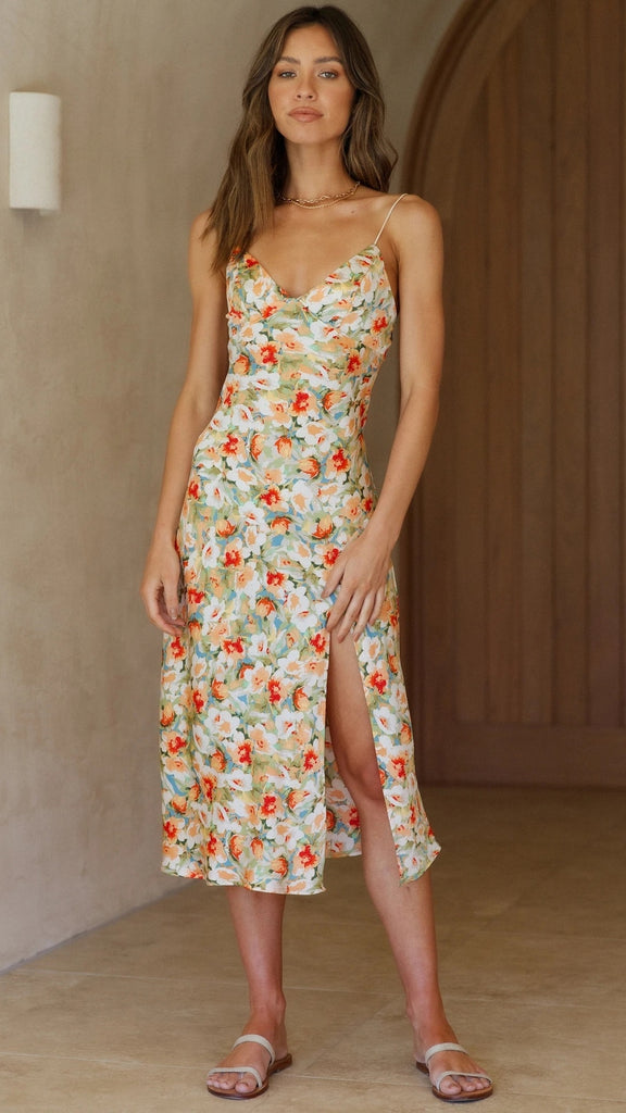 Green Floral Slip Midi Dress