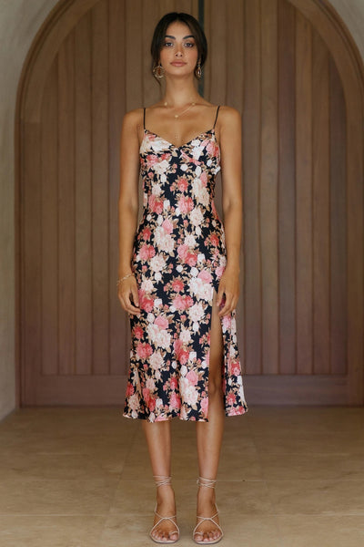 Black Floral Slip Midi Dress
