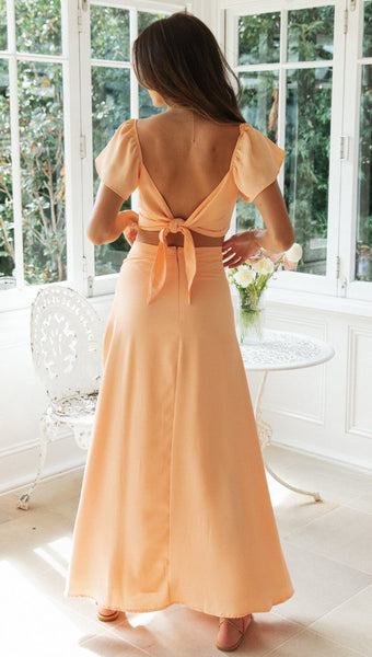 Orange Solid Crop Top and Skirt Sets