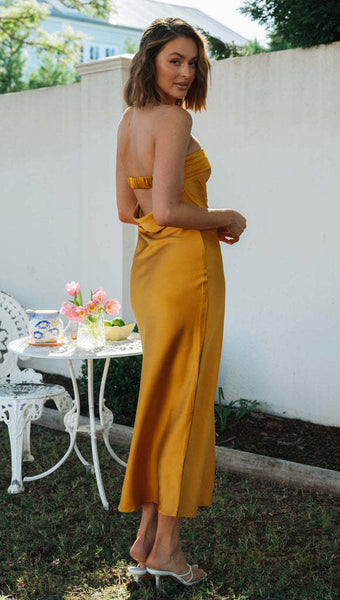 Orange Strapless Bandeau Midi Dress