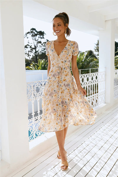 Beige Floral Surplice Midi Dress