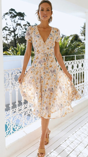 Beige Floral Surplice Midi Dress