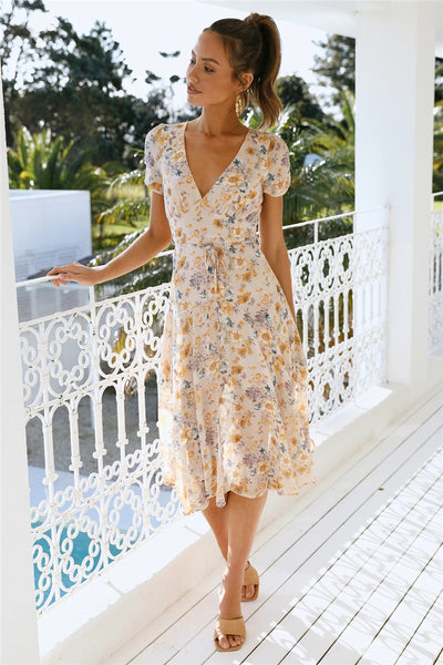 Beige Floral Surplice Midi Dress