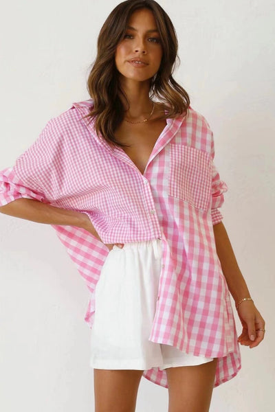 Pink Gingham Print Button Down Shirt