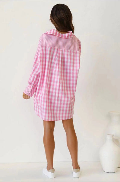 Pink Gingham Print Button Down Shirt