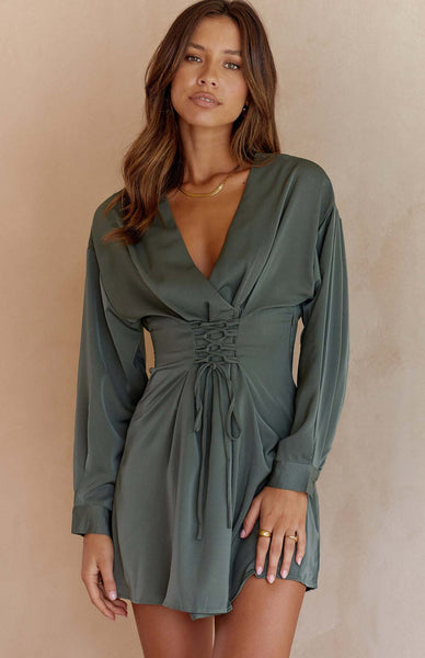 Grey Green Lace Up Mini Dress