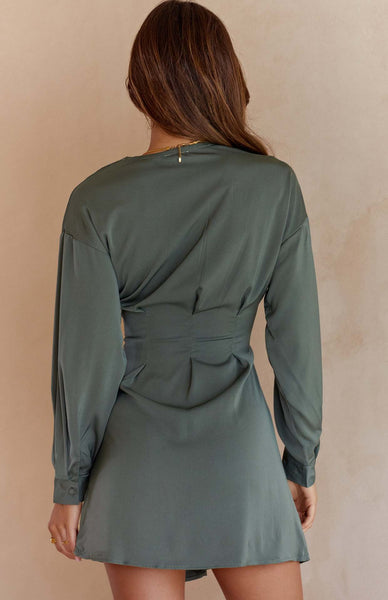 Grey Green Lace Up Mini Dress