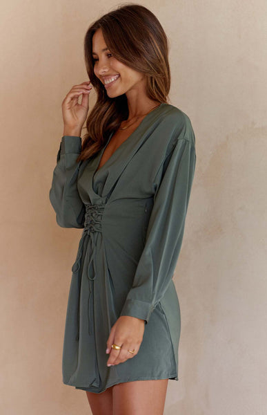 Grey Green Lace Up Mini Dress