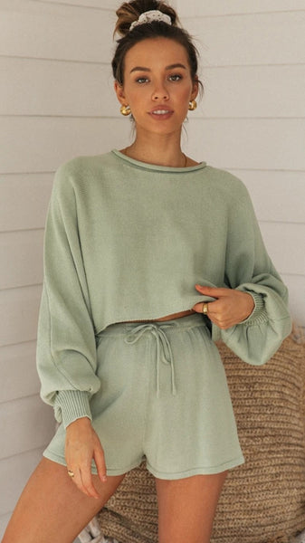 Olive Green Crop Sweatshirt and Shorts Sets