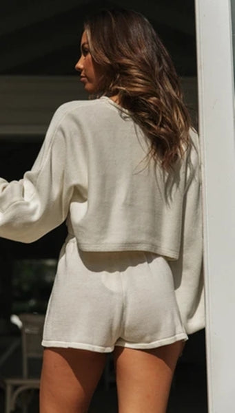 Beige Crop Sweatshirt and Shorts Sets