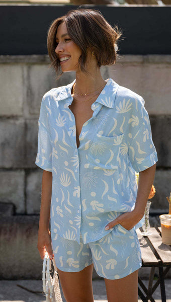 Sky Blue Printed Shirt and Shorts Matching Sets