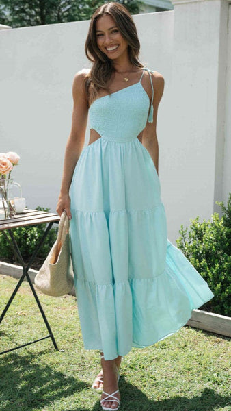 Blue One Shoulder Midi Dress