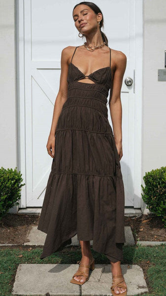 Chocolate Pleated Slip Midi Dress