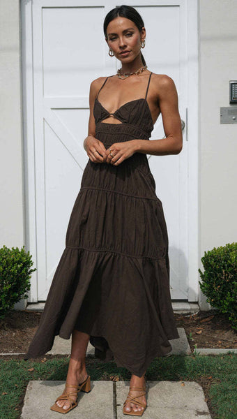 Chocolate Pleated Slip Midi Dress