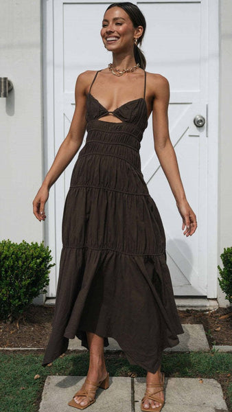 Chocolate Pleated Slip Midi Dress
