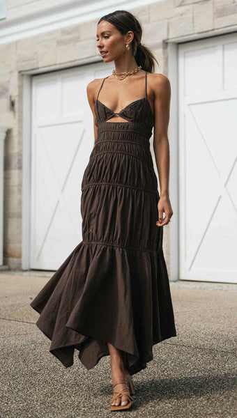 Chocolate Pleated Slip Midi Dress