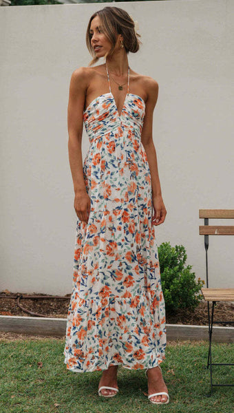 Orange Floral Halter Neck Midi Dress