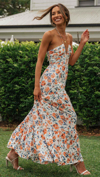 Orange Floral Halter Neck Midi Dress