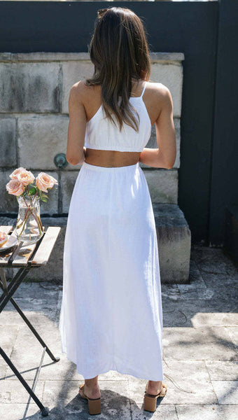 White Cutout Waist Slip Midi Dress