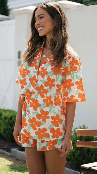 Orange Floral Shirt and Shorts Matching Sets