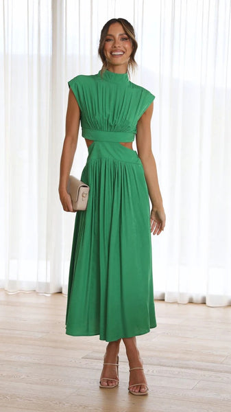 Green Cutout Waist Midi Dress