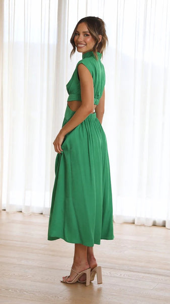 Green Cutout Waist Midi Dress