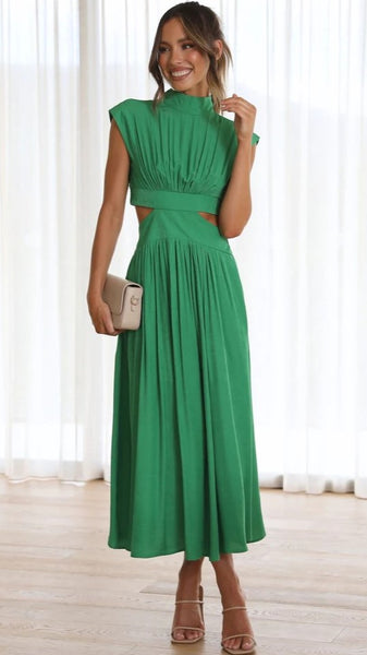 Green Cutout Waist Midi Dress