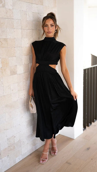 Black Cutout Waist Midi Dress