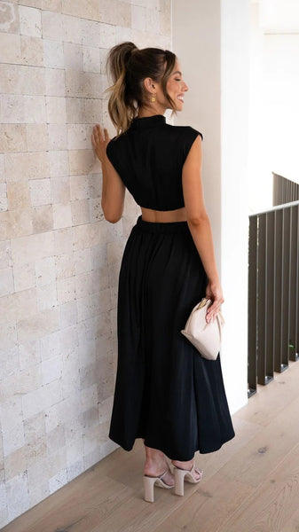 Black Cutout Waist Midi Dress