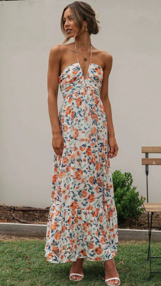Orange Floral Foliage Halter Maxi Dress