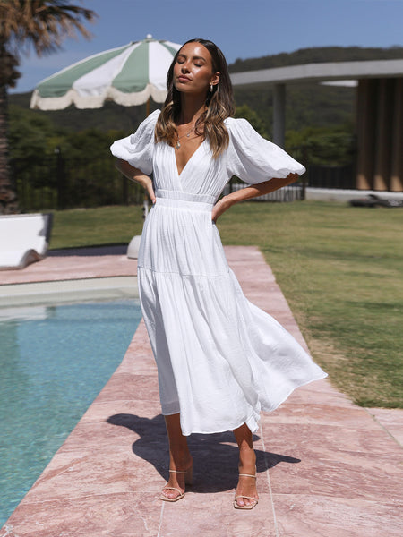 White Deep V Neckline Tiered Midi Dress