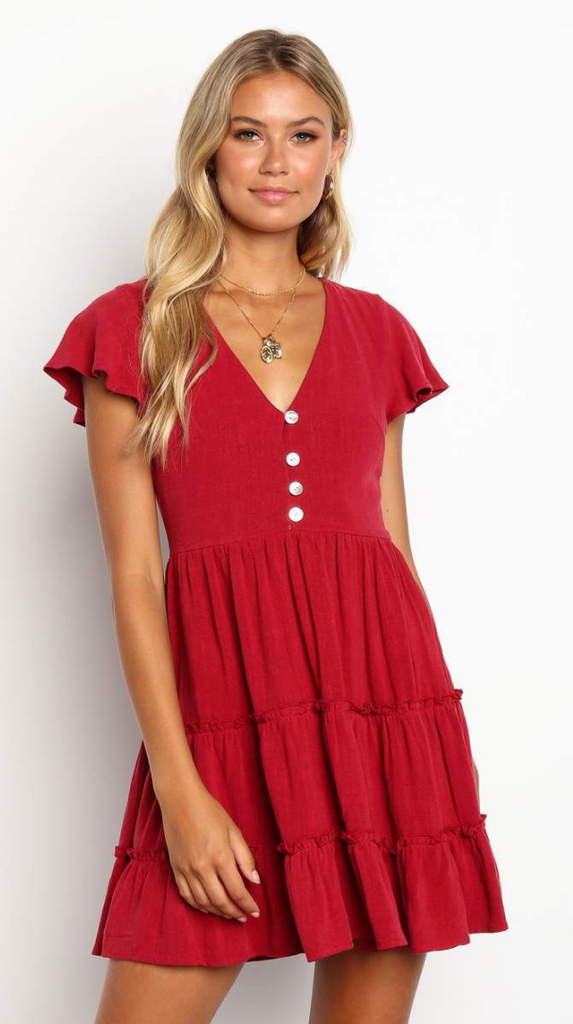 Red Button Down Linen Dress