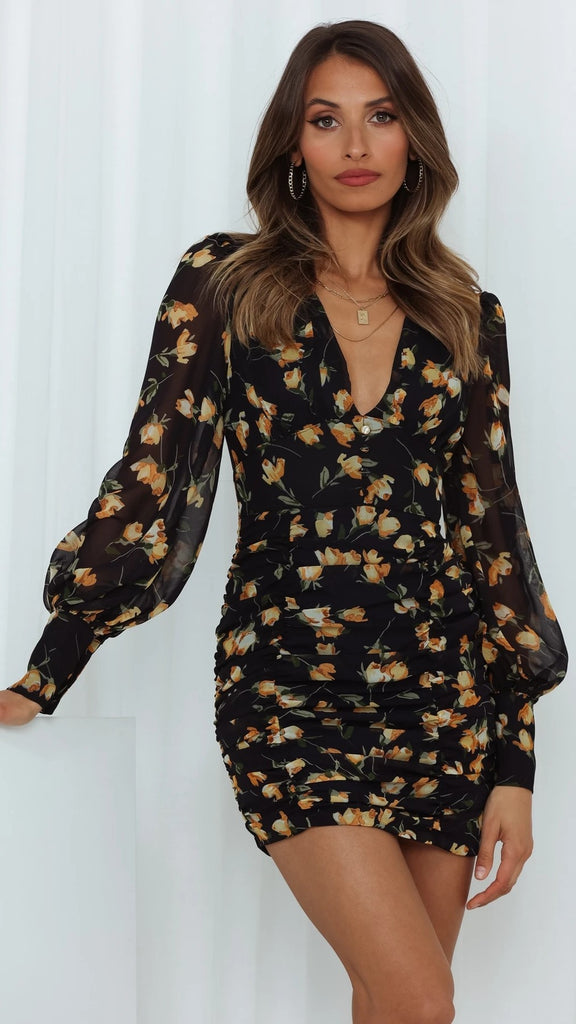 Black Floral Long Sleeves Bodycon Dress