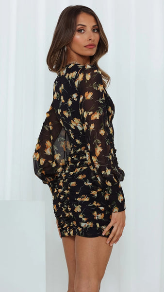 Black Floral Long Sleeves Bodycon Dress