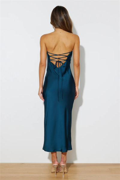 Teal Bandeau Satin Midi Dress