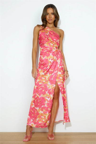 Pink Floral One Shoulder Midi Dress
