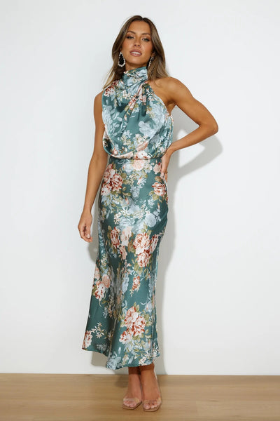 Green Floral Satin Midi Dress