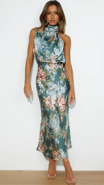 Green Floral Satin Midi Dress