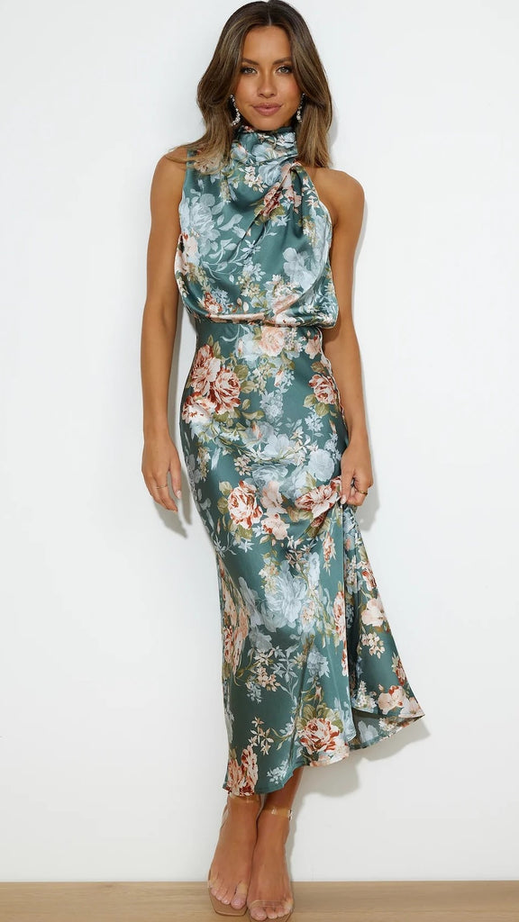 Green Floral Satin Midi Dress