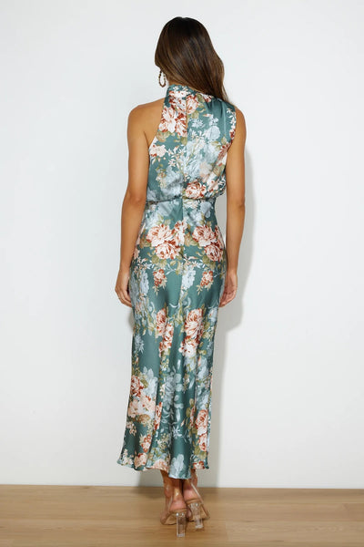 Green Floral Satin Midi Dress