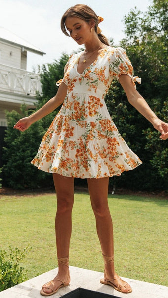 Orange Floral Flare Dress